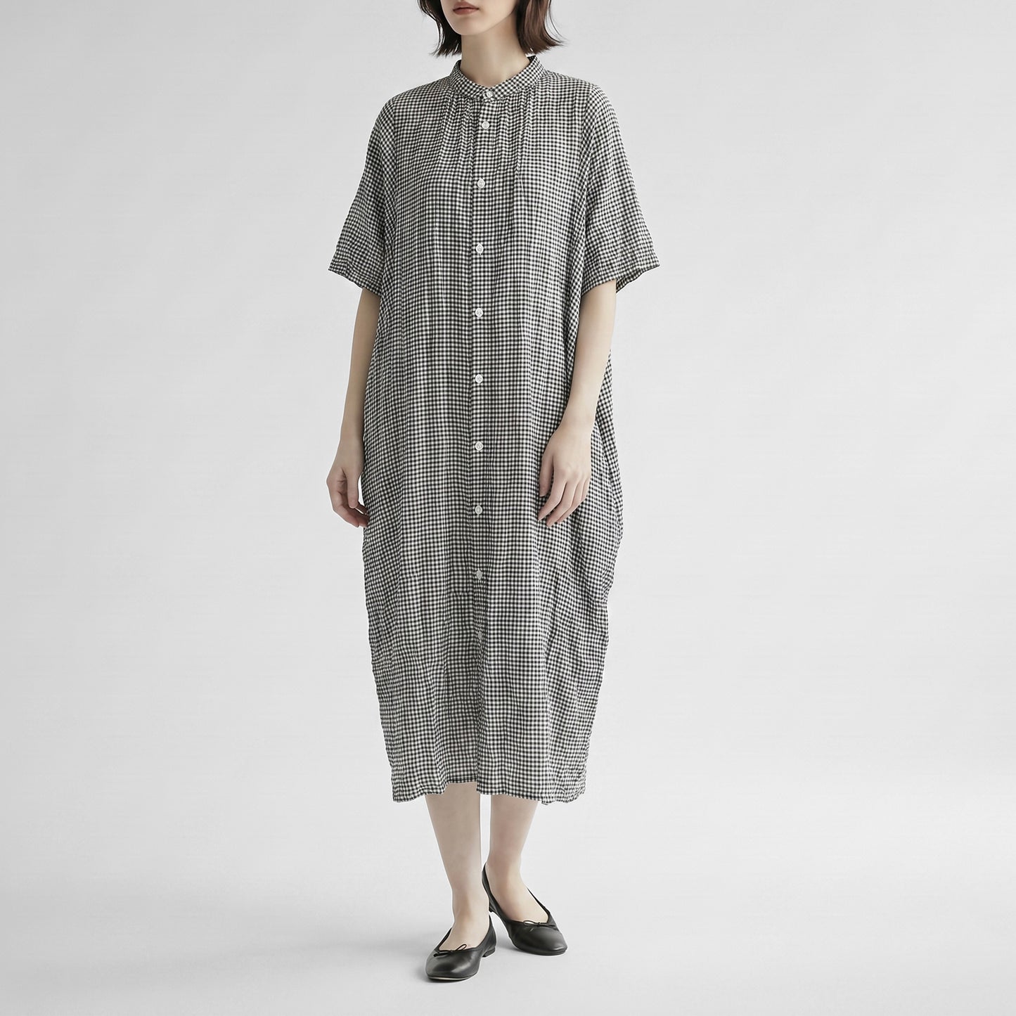 26SS NATURAL LAUNDRY 先染めシャーリング ワイドワンピース 7262O-002