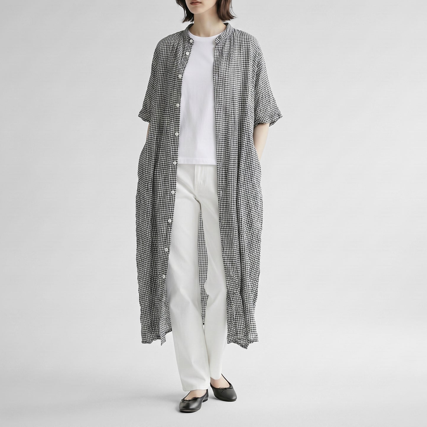 26SS NATURAL LAUNDRY 先染めシャーリング ワイドワンピース 7262O-002