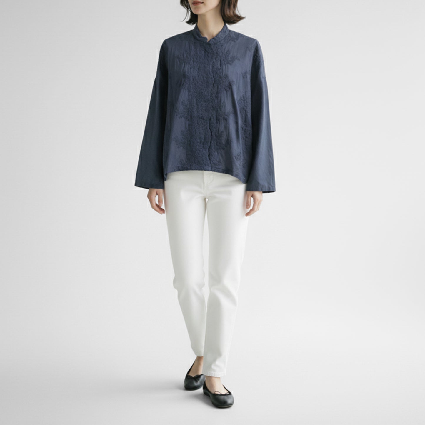 26ES mizuiro ind レーススタンドカラーワイドシャツ 1-239005