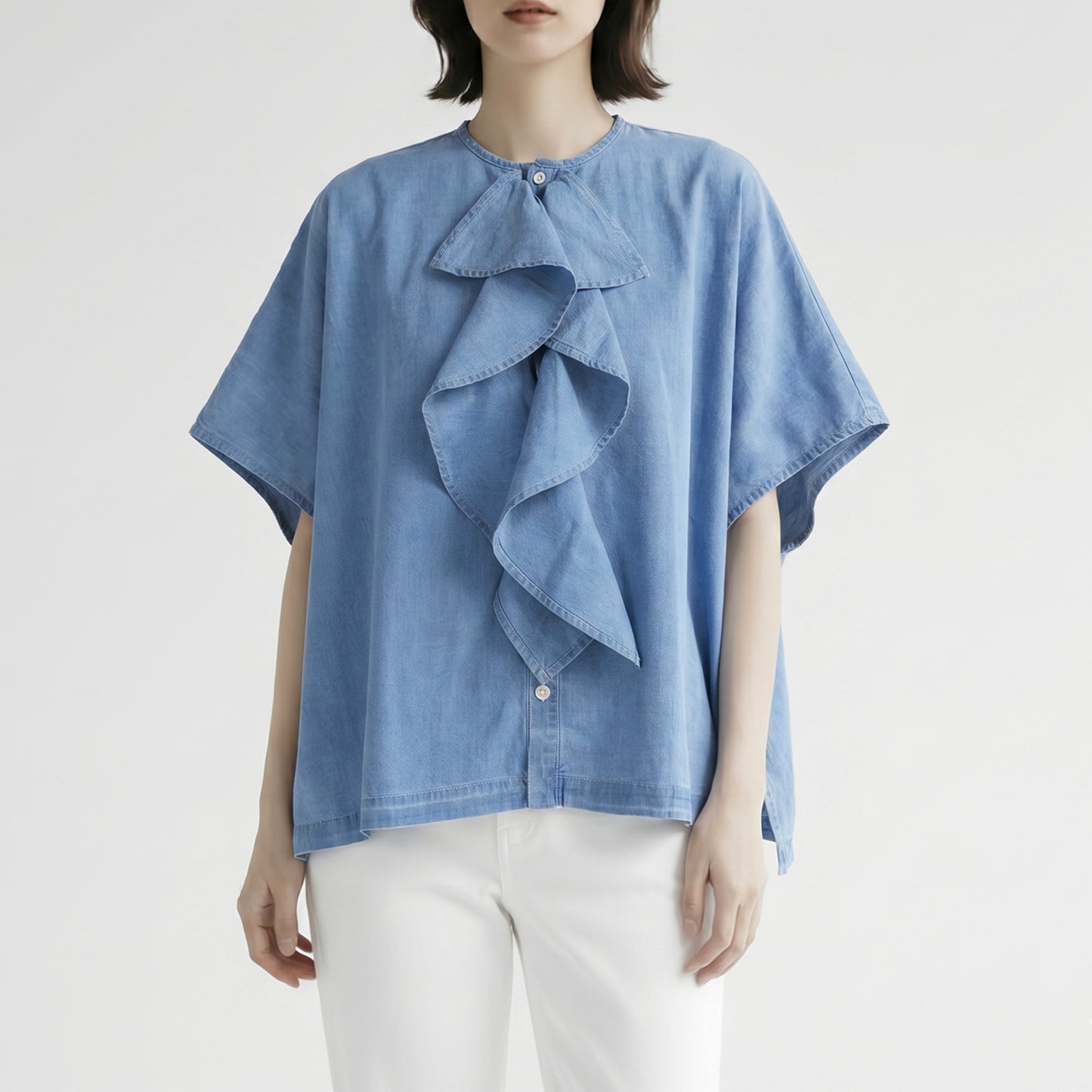 26SS Clip.tab インディゴシャンブレー ラッフルワイドシャツ 3262T-001